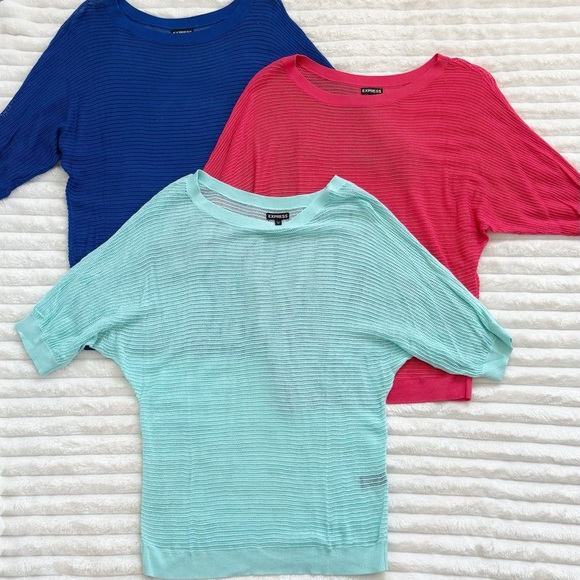 EXPRESS Bundle of 3 Sheer Mesh Knit Tops Blue Pink Aqua Size Small - Picture 1 of 8